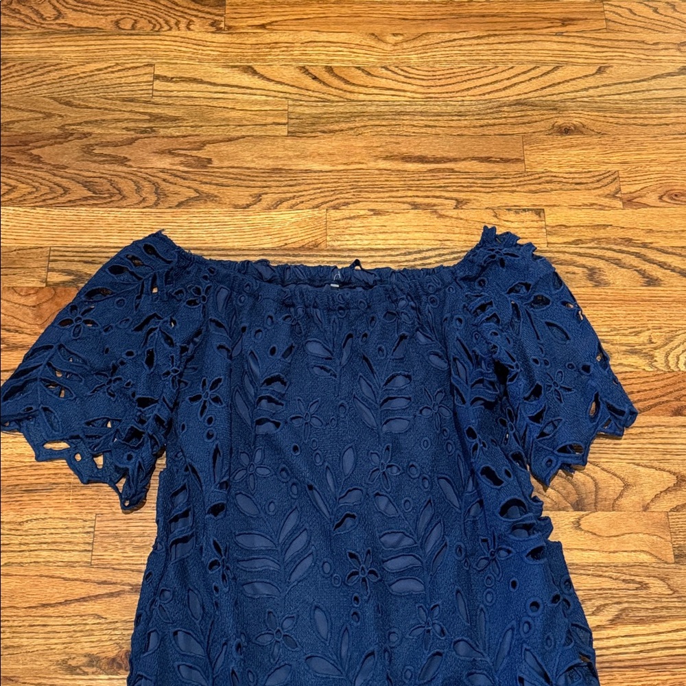 Elegant Navy Blue Eyelet Mini Dress - Picture 4 of 8